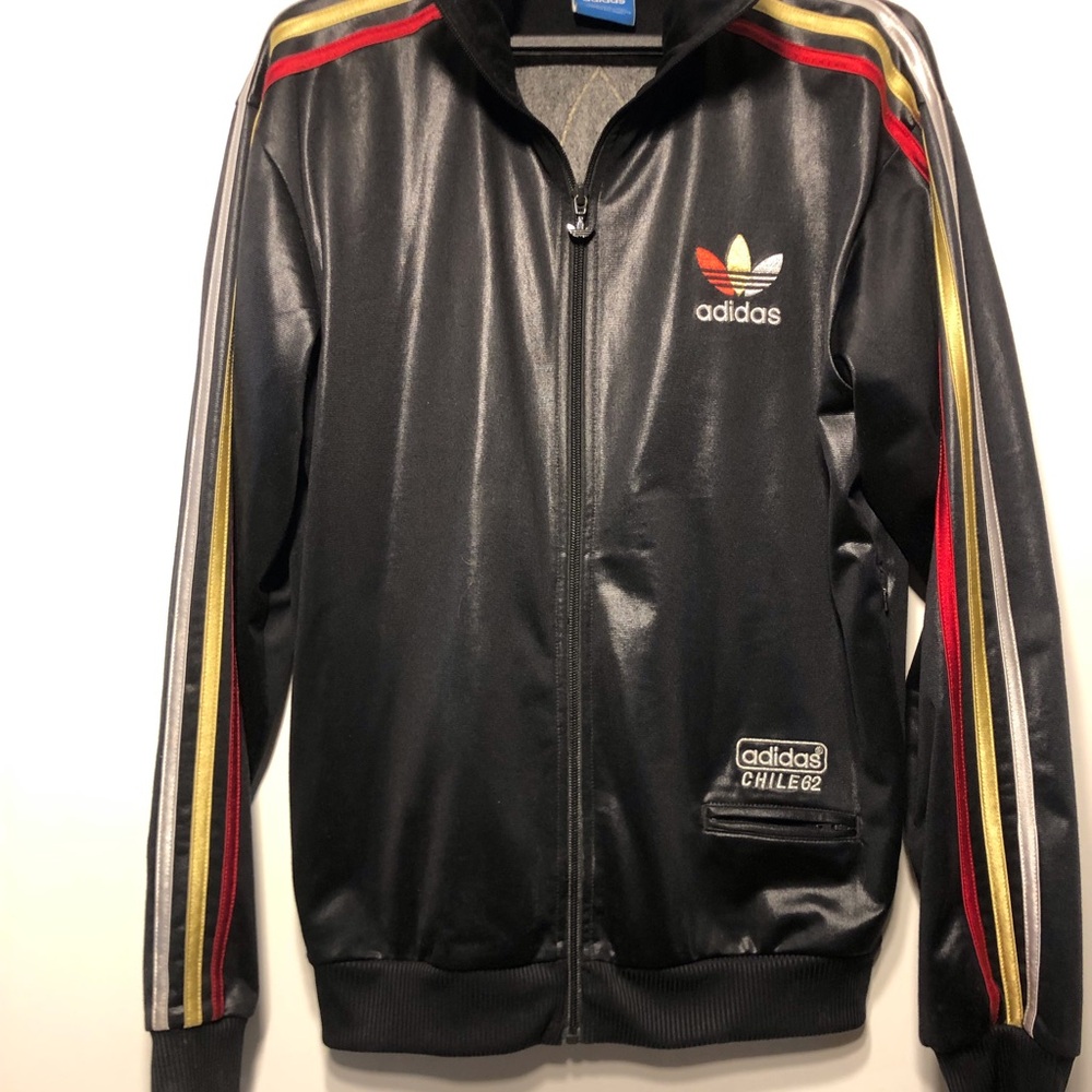 Adidas Black Bomber Track Jacket Chile 62 with Red & Gold Stripes